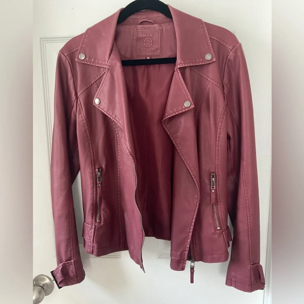 Max Studio Burgundy Moto Jacket Faux Leather Size M Womens